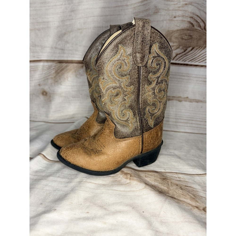 Old West Girls 8.5 Western Cowboy Boots Tan Brown Embroidered Square Toe